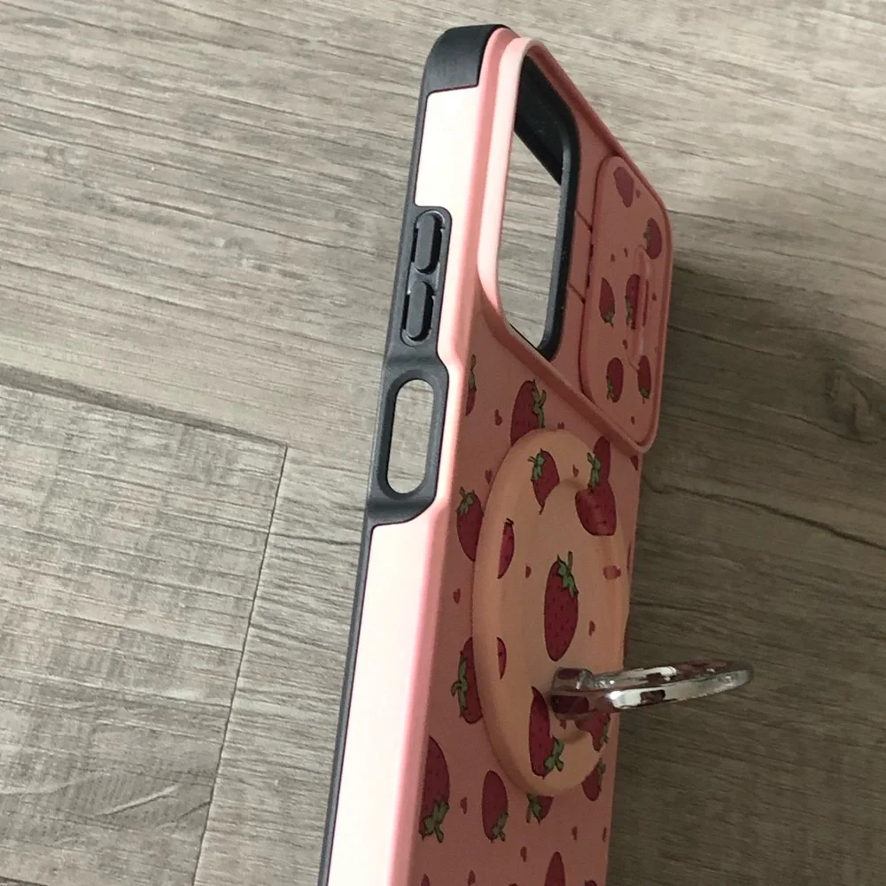 Pink Strawberry Pattern Phone Case with Ring Stand